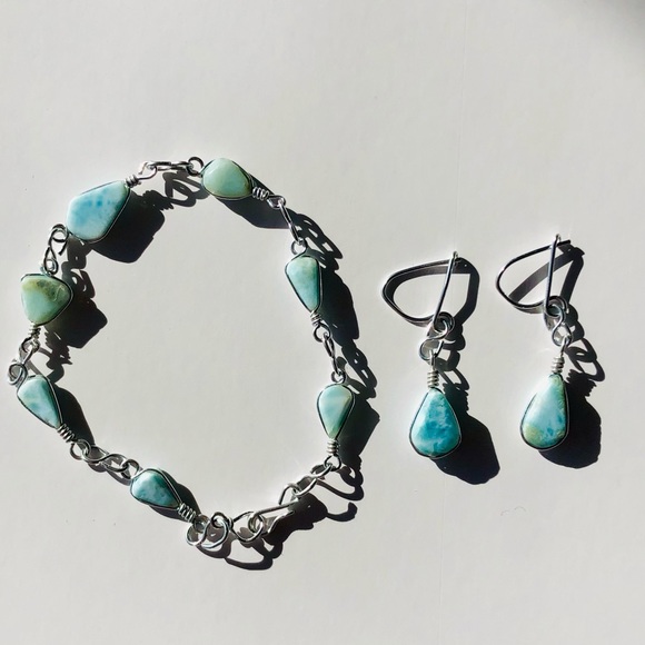 Handmade Turquoise Silver Metal Bracelet and Hook Earring Set US Virgin Islands - Picture 2 of 3